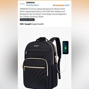 NWT Vankean 17.3" Laptop Backpack USB Port, Waterproof, School, Work, Black